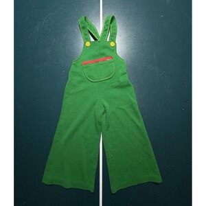 Vintage 70s Bell Bottoms Jumper Overalls‎ Toddler 3T Green Farmer Knit Talon Zip